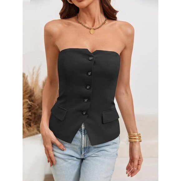 Women Notched NeckTube Black Tops Blazer Sleeveless Button Fitted Strapless Vest - Picture 5 of 7